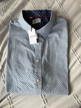NWT, Duchamp Pale Blue Geometric-Print Button-Down Shirt XL